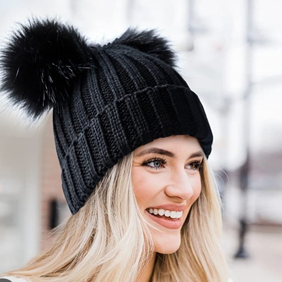 Winter Fur Beanie Sherpa Lined Soft Warm Lux Beanie Double Pompom Knit - Picture 13 of 13